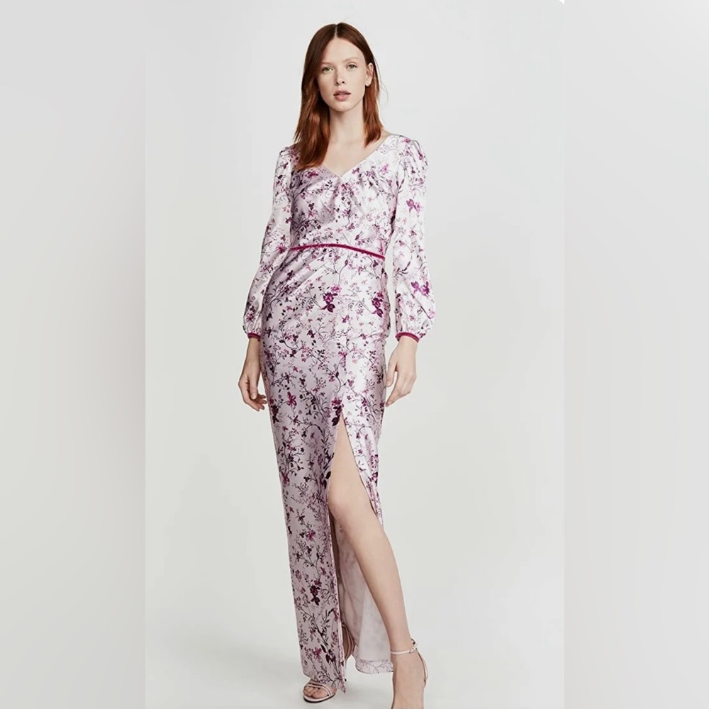 Marchesa Notte Women's Bishop Sleeve Printed Charmeuse Gown, Blush, size 6